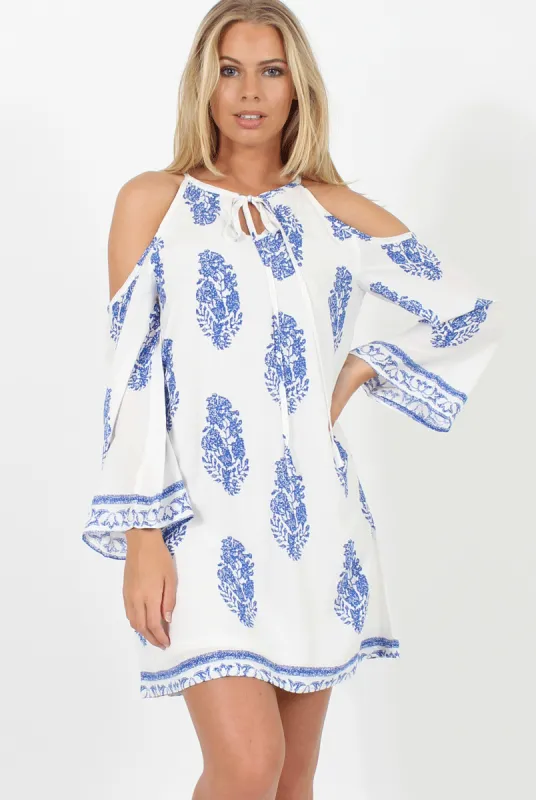 White With Large Blue Paisley Print Cold Shoulder Dress - Penelope sold by Rebellious Fashion