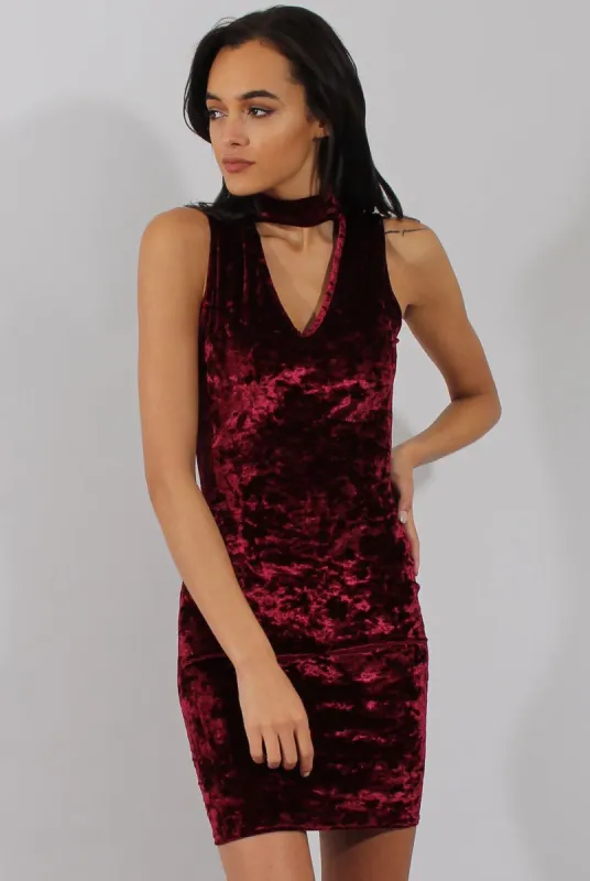Wine Crushed Velvet Choker Dress - Serina sold by Rebellious Fashion