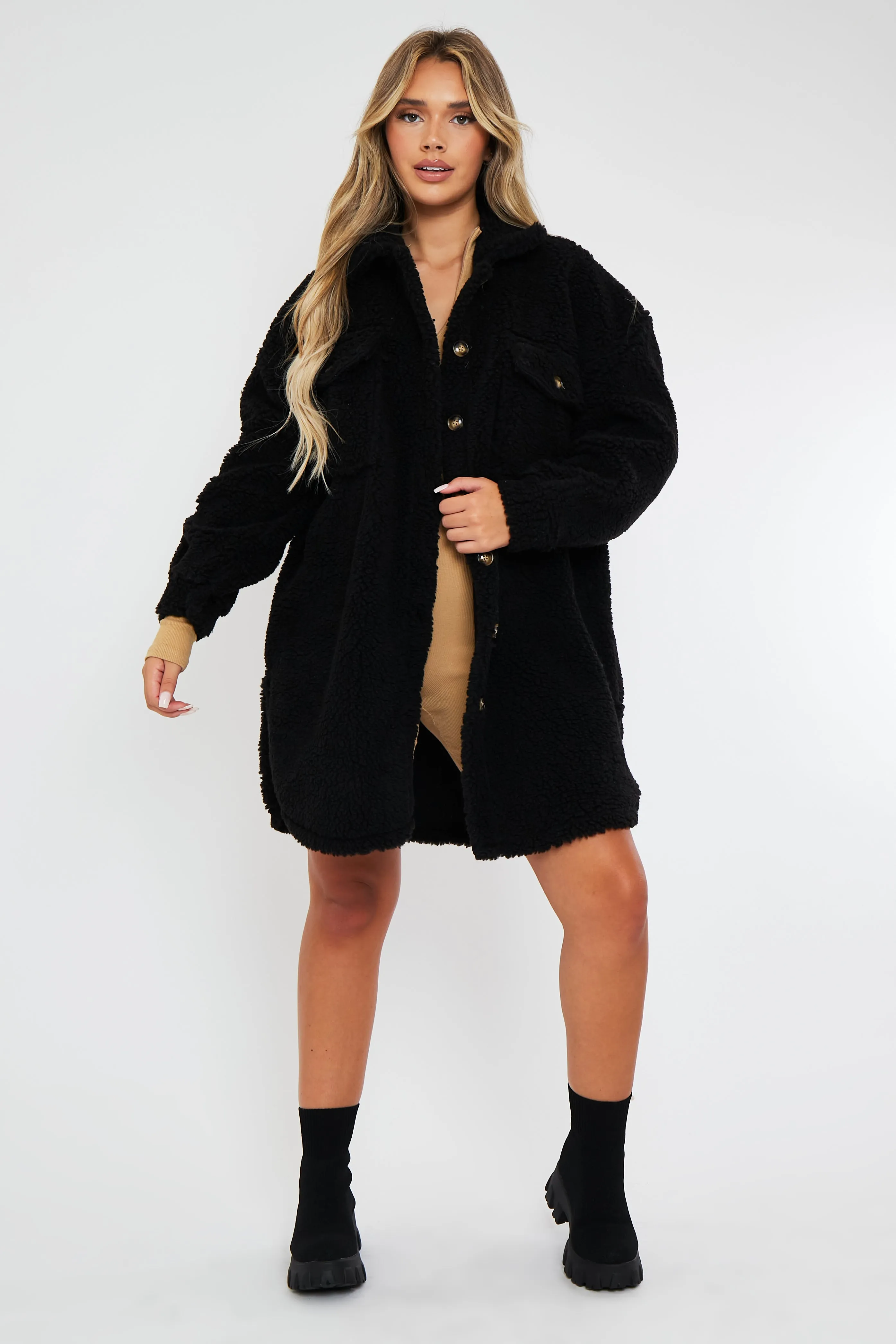 Black Pocket Front Teddy Shacket - Ozie sold by Rebellious Fashion product image thumbnail 2