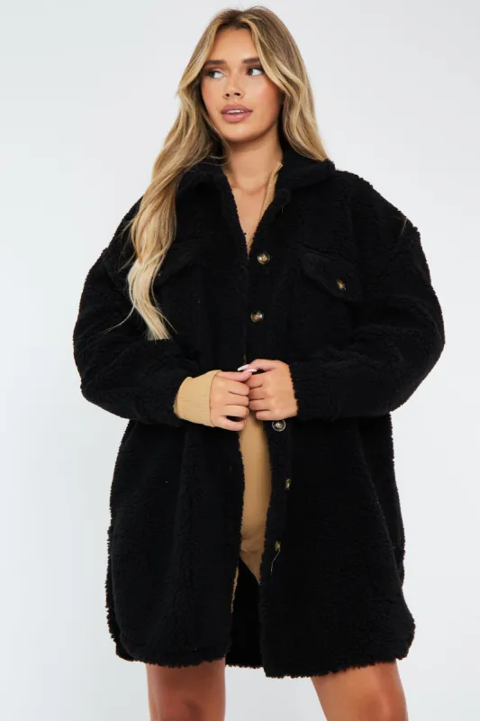 Black Pocket Front Teddy Shacket - Ozie sold by Rebellious Fashion