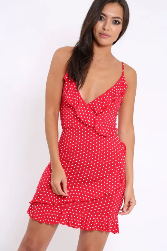Red Polka Dot Wrap Dress with Frills - Beth sold by Rebellious Fashion