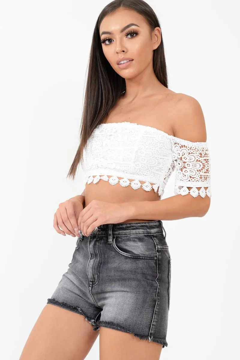 White Crochet Bardot Cold Shoulder Crop Top - Aarshi sold by Rebellious Fashion product image thumbnail 5