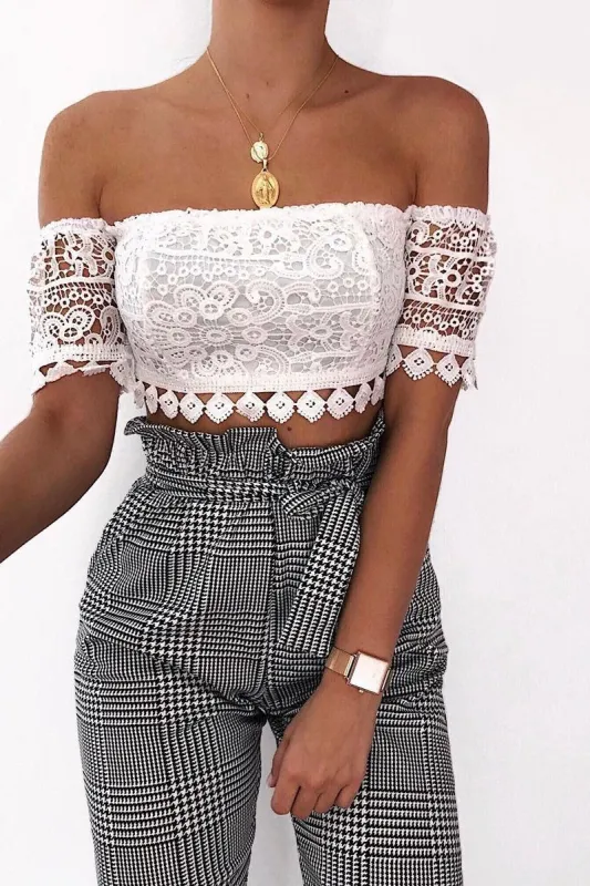 White Crochet Bardot Cold Shoulder Crop Top - Aarshi sold by Rebellious Fashion