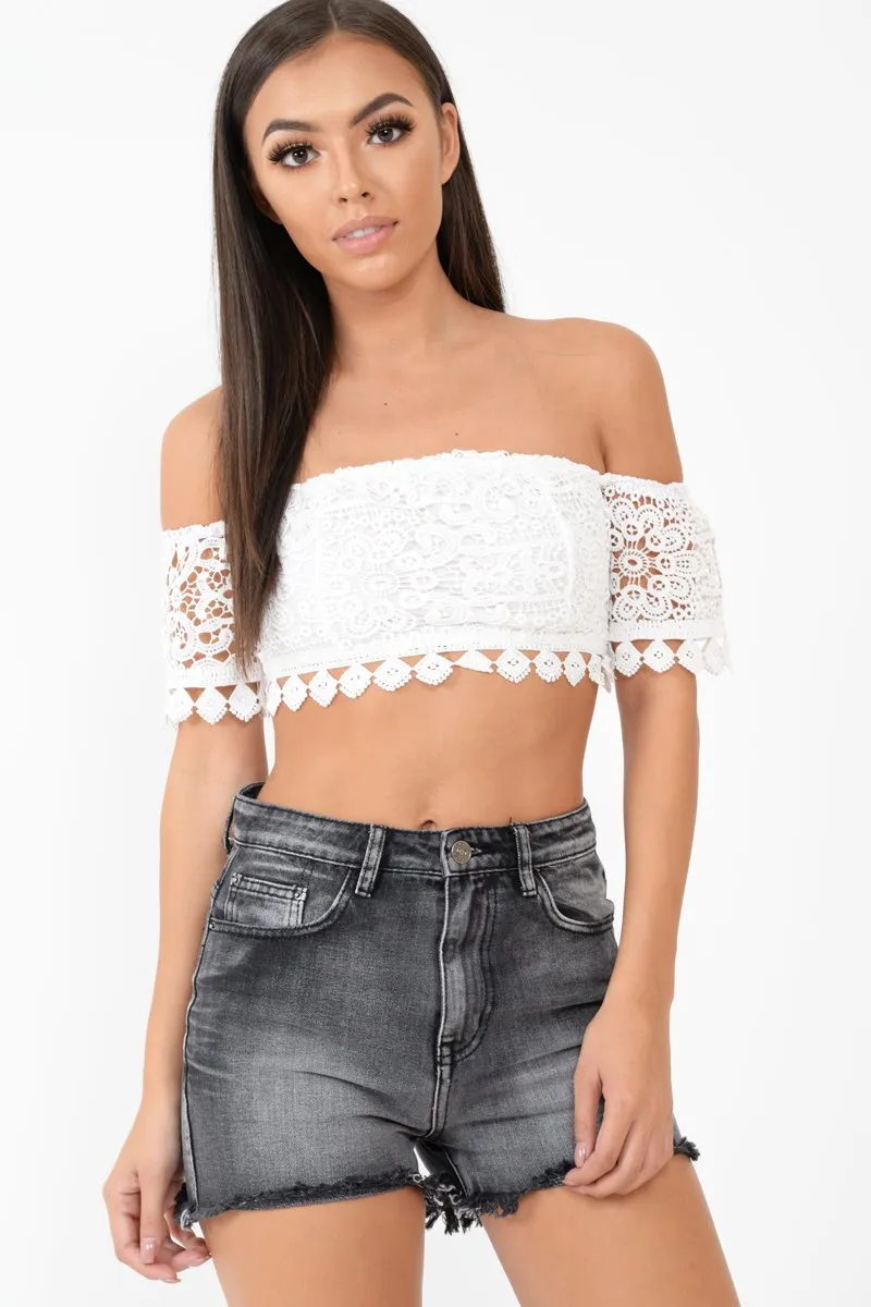 White Crochet Bardot Cold Shoulder Crop Top - Aarshi sold by Rebellious Fashion product image thumbnail 4