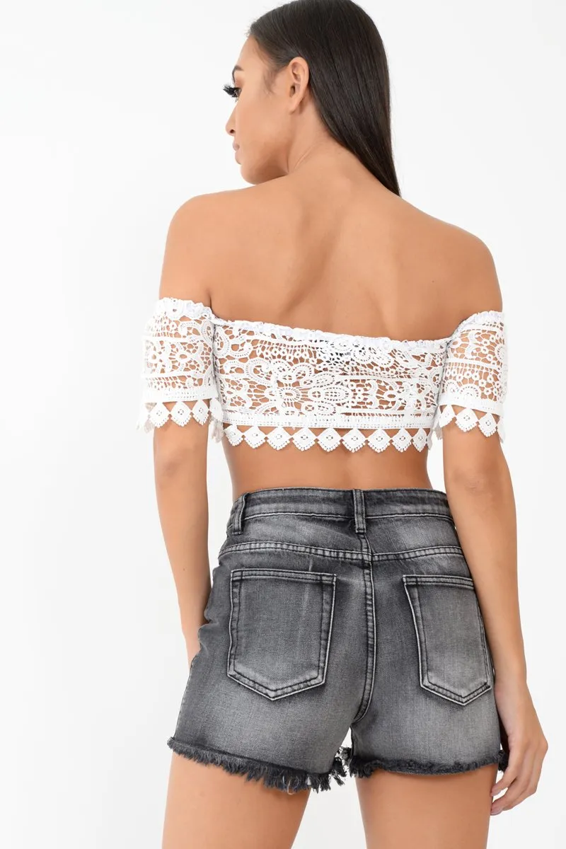 White Crochet Bardot Cold Shoulder Crop Top - Aarshi sold by Rebellious Fashion product image thumbnail 3