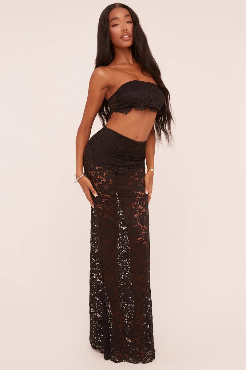 Black Lace Bandeau Cropped Top & Maxi Skirt Co-ord Set - Nian sold by Rebellious Fashion product image thumbnail 2