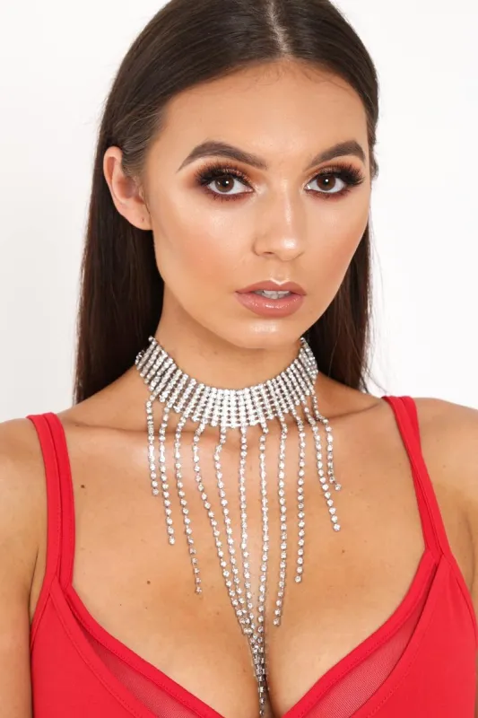 Silver Diamante Drop Choker Necklace - Madgie sold by Rebellious Fashion