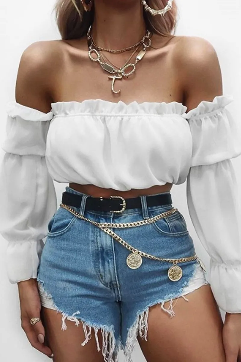 White Ruffle Bardot Crop Top - Aagna sold by Rebellious Fashion