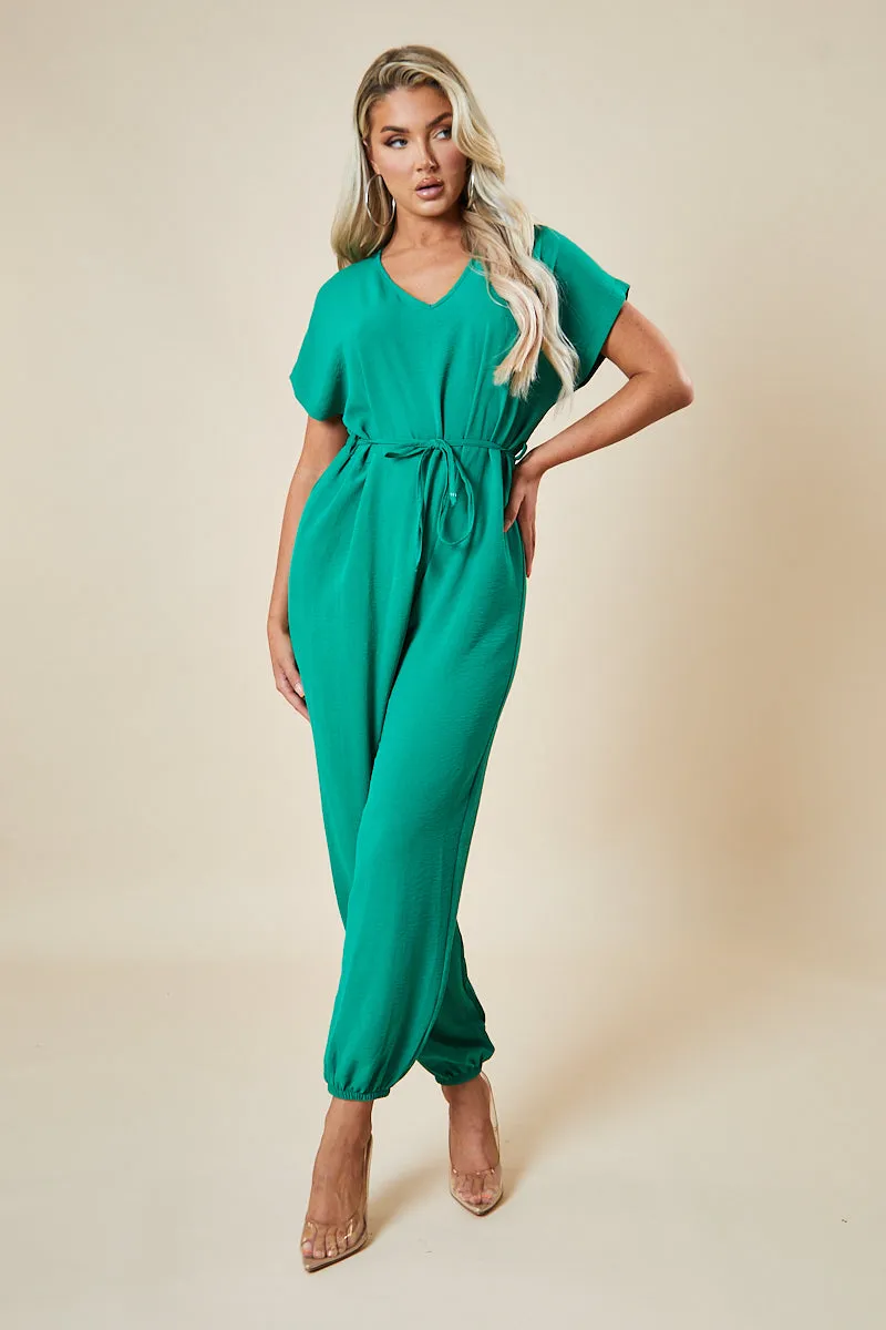 Green V-Neck Oversized Tie Detail Jumpsuit - Sammie sold by Rebellious Fashion