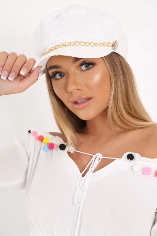 White Corduroy Gold Chain Baker Boy Hat - Mayla sold by Rebellious Fashion