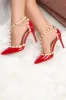 Red and Beige Studded T-Bar Court Heels - Kiri sold by Rebellious Fashion