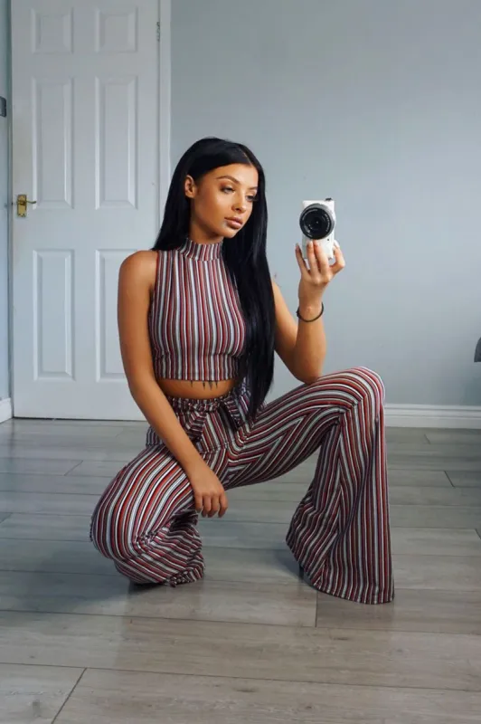 Wine And Black Striped Crop And Trousers Co-Ord - Chrisley sold by Rebellious Fashion