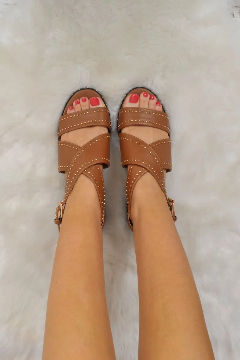Tan PU Studded Cross Over Sandals - Aubrie sold by Rebellious Fashion product image thumbnail 2
