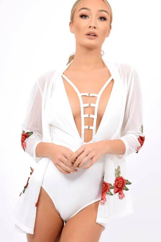 White Mesh Floral Applique Kimono - Lizzy sold by Rebellious Fashion