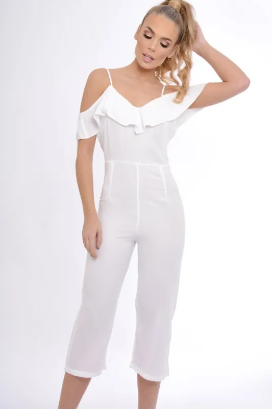 White Bardot Strap Frill Cropped Jumpsuit - Leni sold by Rebellious Fashion