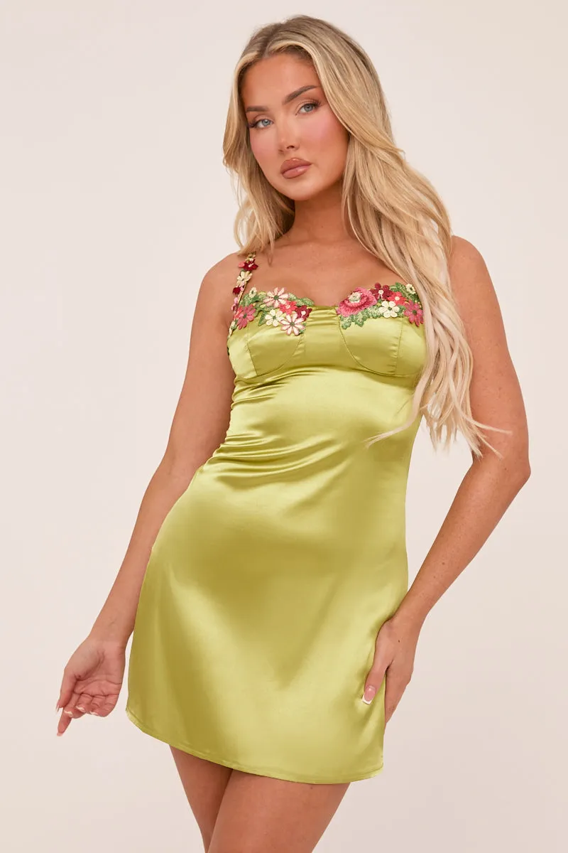 Green Satin Floral Embroidered Mini Dress - Sonya sold by Rebellious Fashion