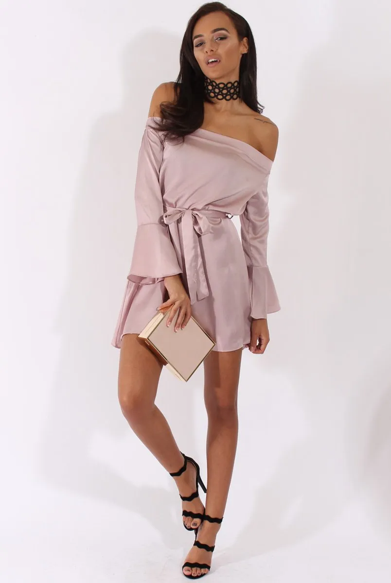 Pink Silky Bardot Tie Waist Dress - Esther sold by Rebellious Fashion product image thumbnail 4