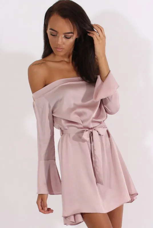 Pink Silky Bardot Tie Waist Dress - Esther sold by Rebellious Fashion