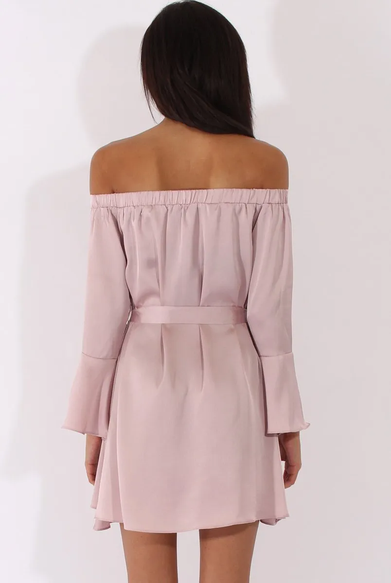 Pink Silky Bardot Tie Waist Dress - Esther sold by Rebellious Fashion product image thumbnail 3