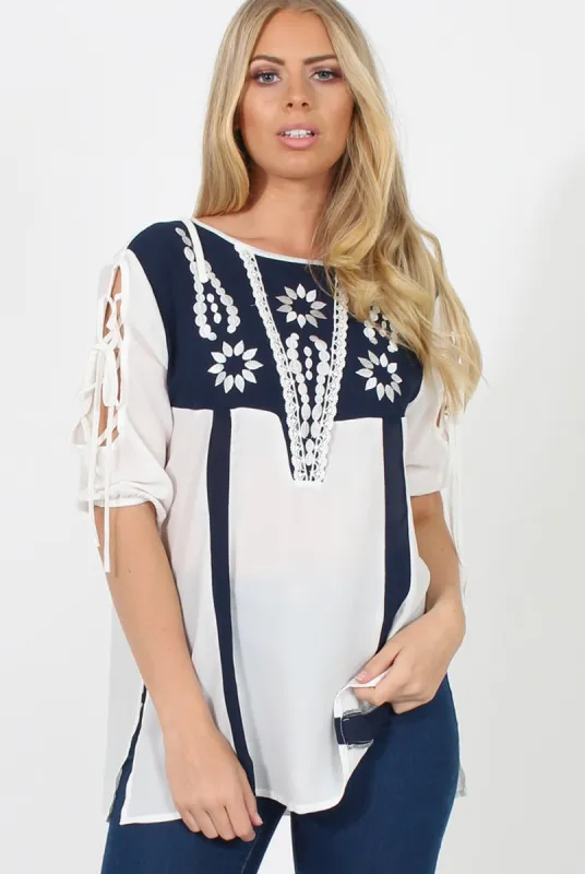 White & Blue Embroidered Top - Heather sold by Rebellious Fashion