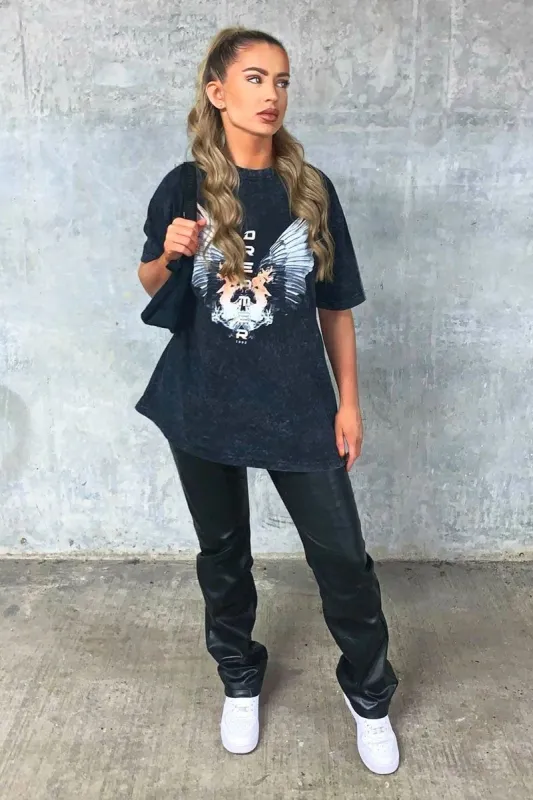 Black Acid Wash Wing Printed T-shirt - Itzia made by Rebellious Fashion