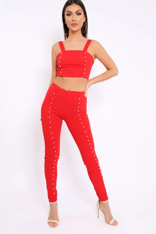 Red with Pearls Crop Top and Trousers Co-ord - Meridith sold by Rebellious Fashion