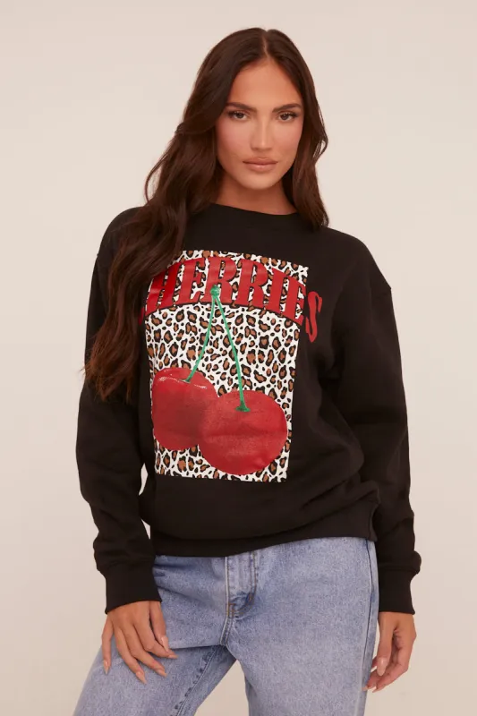 Beige Cherry Print Oversized Sweatshirt - Kellin sold by Rebellious Fashion