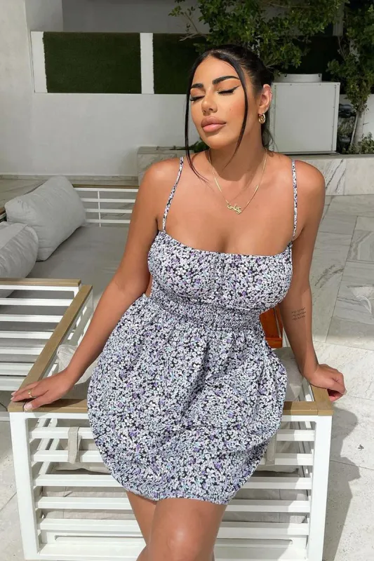 Black Purple Floral Print Shirred Backless Mini Dress - Allison sold by Rebellious Fashion