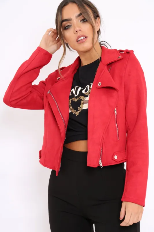 Red Suedette Biker Jacket - Rachel sold by Rebellious Fashion