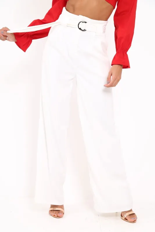 White Belted High Waist Wide Leg Trousers - Elianny sold by Rebellious Fashion