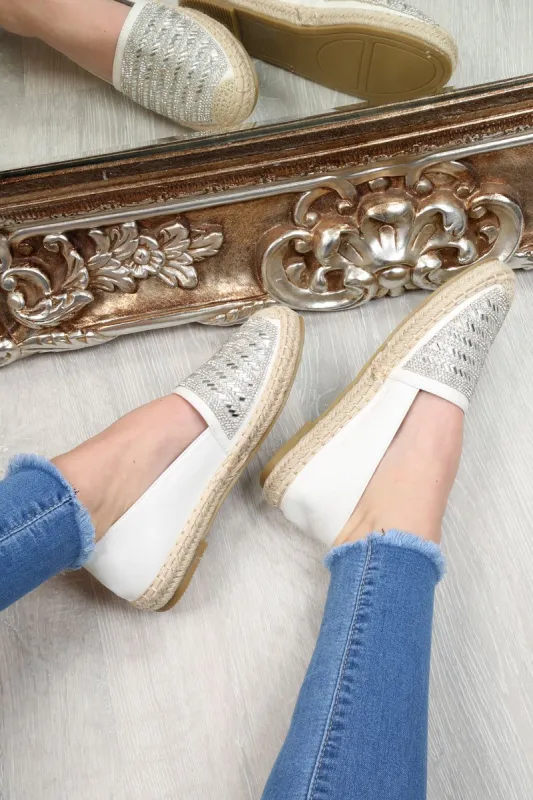 White Diamante Embellished Espadrilles - Mazie sold by Rebellious Fashion