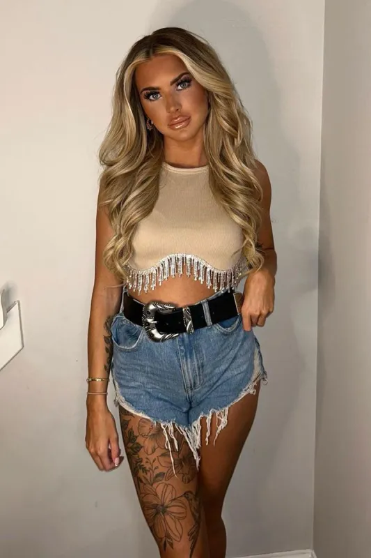 Beige Rib Knit Diamante Detail Cropped Top -- Jade sold by Rebellious Fashion