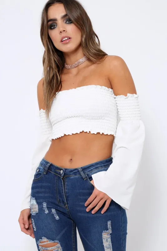 White Bardot Shirred Crop Top with Flared Sleeves - Shera sold by Rebellious Fashion