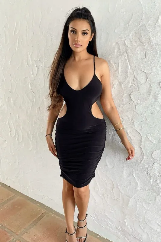 Black Slinky Side Cut Out Strappy Mini Dress - Elza sold by Rebellious Fashion