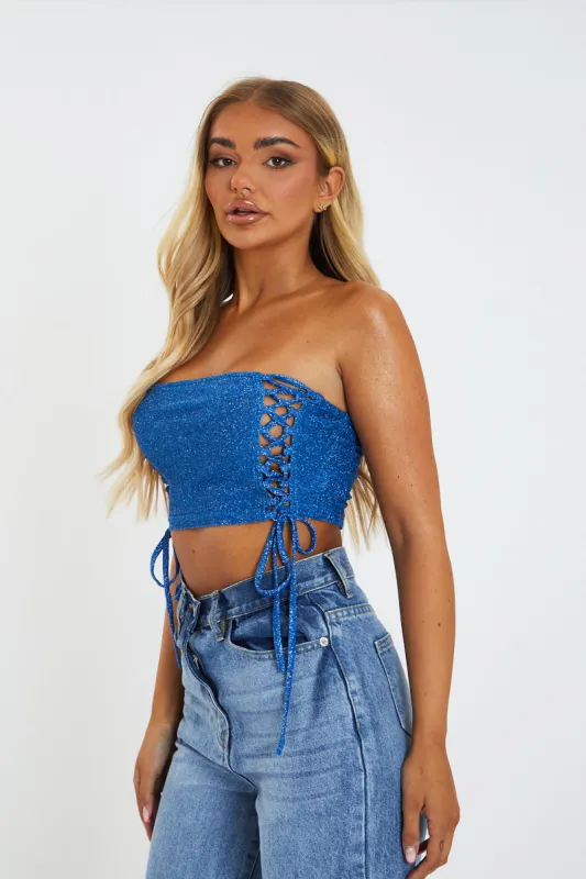Blue Lurex Side Lace Up Tube Crop Top - Clarissa sold by Rebellious Fashion