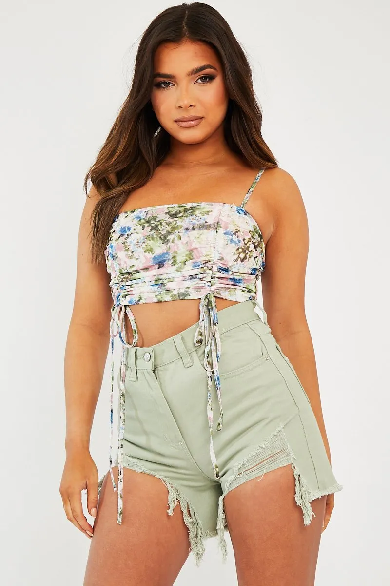 Pink Floral Ruched Front Crop Top - Pandora sold by Rebellious Fashion product image thumbnail 2