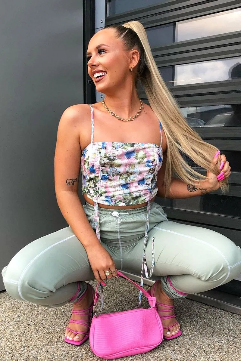 Pink Floral Ruched Front Crop Top - Pandora sold by Rebellious Fashion