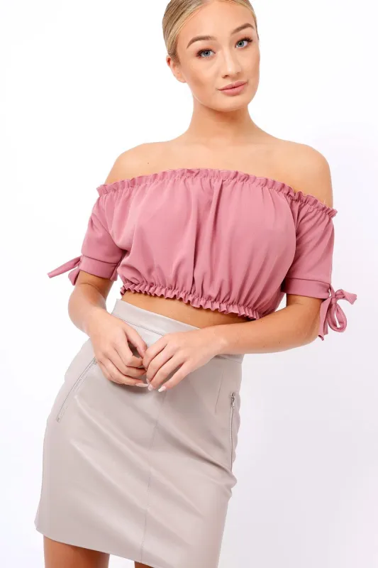Plum Ruched Bardot Gypsy Crop Top - Janette sold by Rebellious Fashion