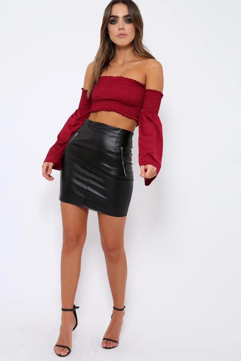 Wine Bardot Shirred Crop Top with Flared Sleeves - Shera sold by Rebellious Fashion product image thumbnail 2