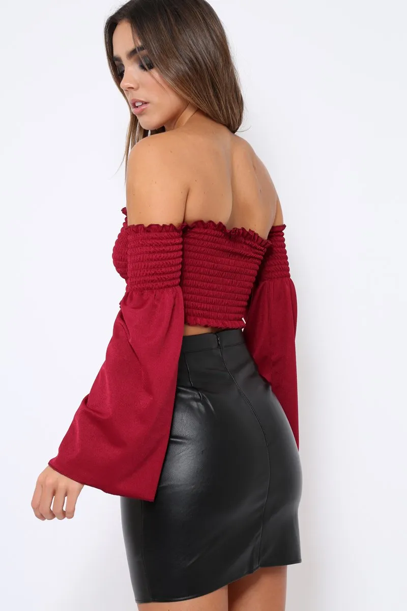 Wine Bardot Shirred Crop Top with Flared Sleeves - Shera sold by Rebellious Fashion product image thumbnail 4