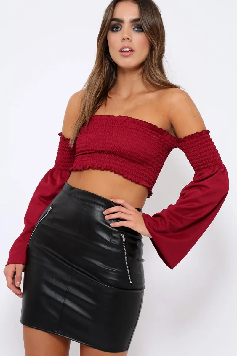 Wine Bardot Shirred Crop Top with Flared Sleeves - Shera sold by Rebellious Fashion