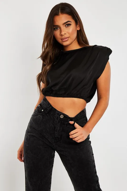Black Satin Ruched Shoulder Pad Crop Top - Darina made by Rebellious Fashion