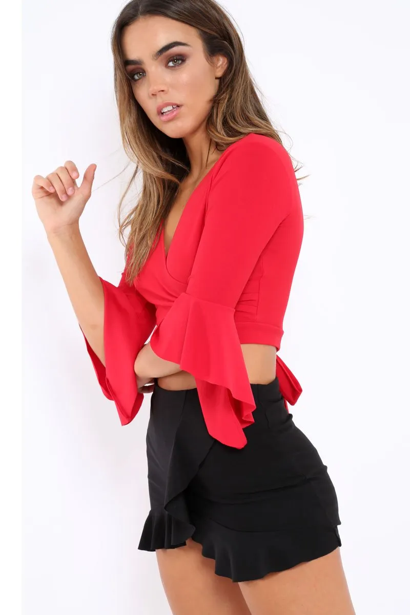 Red Plunge Bell Sleeve Crop Top - Merla sold by Rebellious Fashion product image thumbnail 3