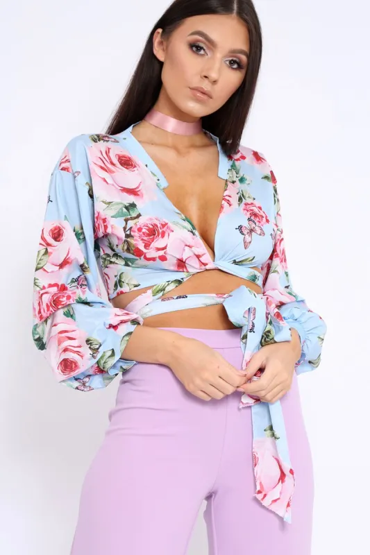 Powder Blue Floral Plunge Wrap Tie Top - Emila sold by Rebellious Fashion