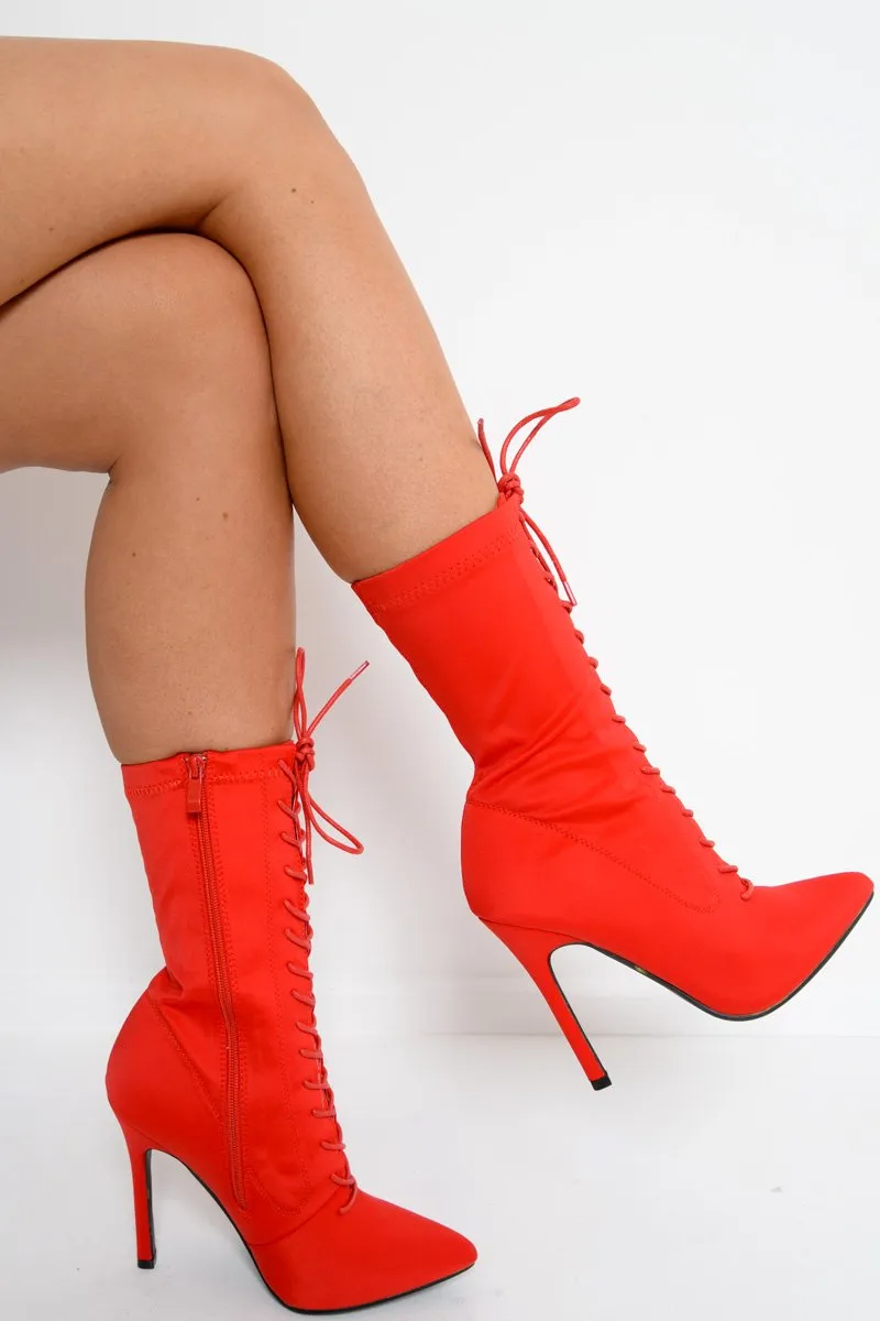 Red Stretchy Lace Up Heeled Ankle Boots - Aayla sold by Rebellious Fashion product image thumbnail 4