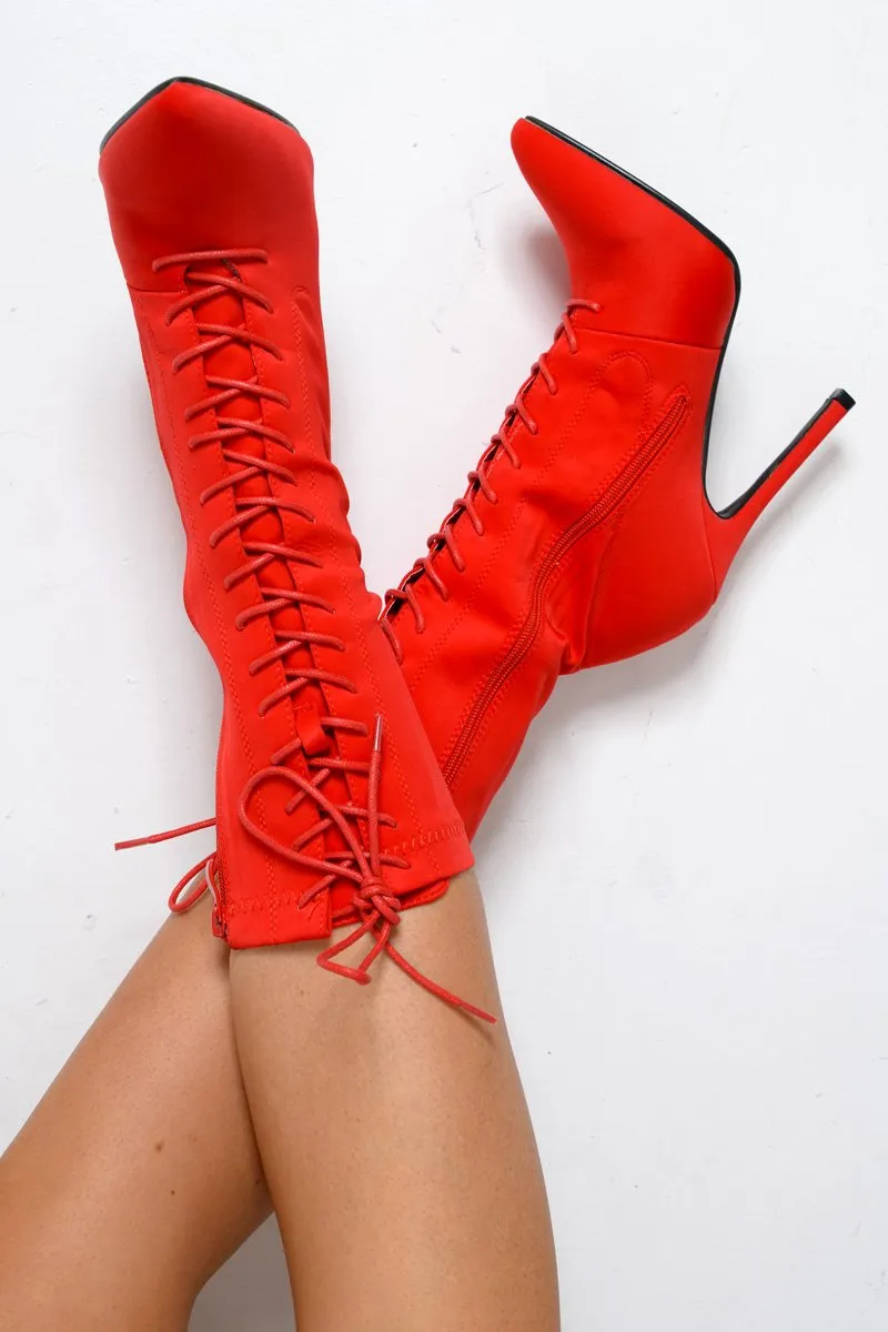 Red Stretchy Lace Up Heeled Ankle Boots - Aayla sold by Rebellious Fashion product image thumbnail 2