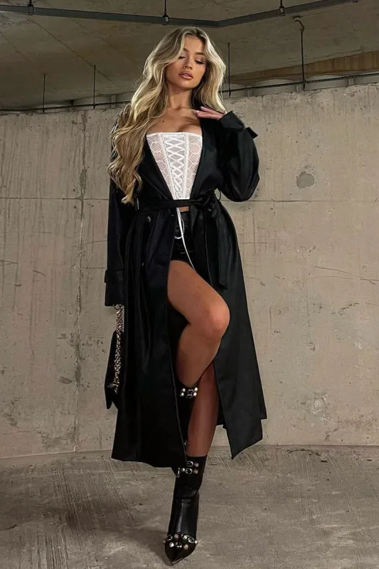 Black Faux Leather Oversized Double Breasted Trench Coat- Xia sold by Rebellious Fashion