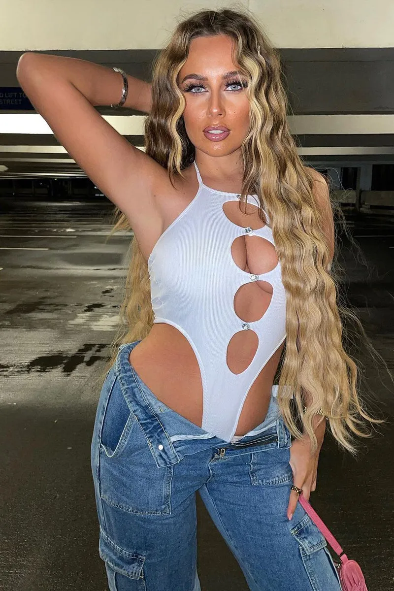 White Cut Out Rib Knit Bodysuit - Elowen sold by Rebellious Fashion