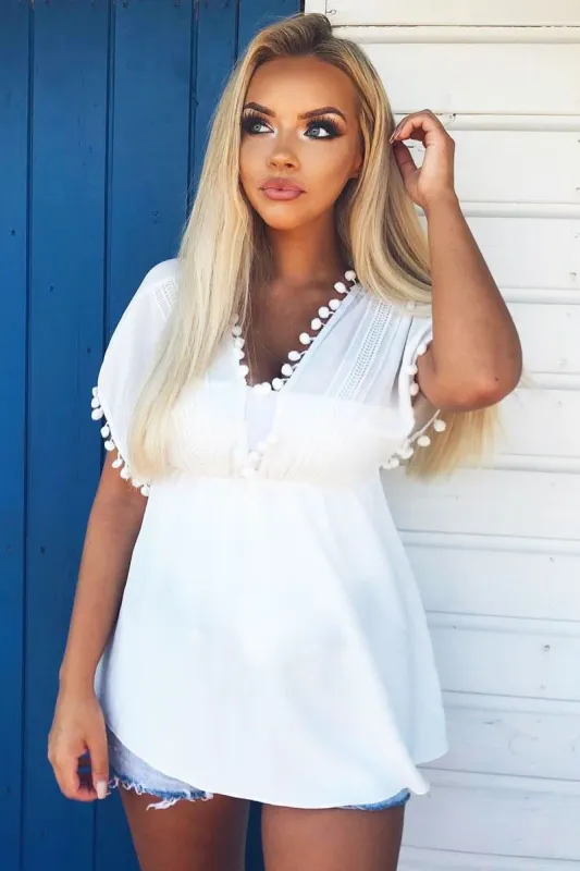 White Pom Pom Trim Plunge Top - Raaya sold by Rebellious Fashion