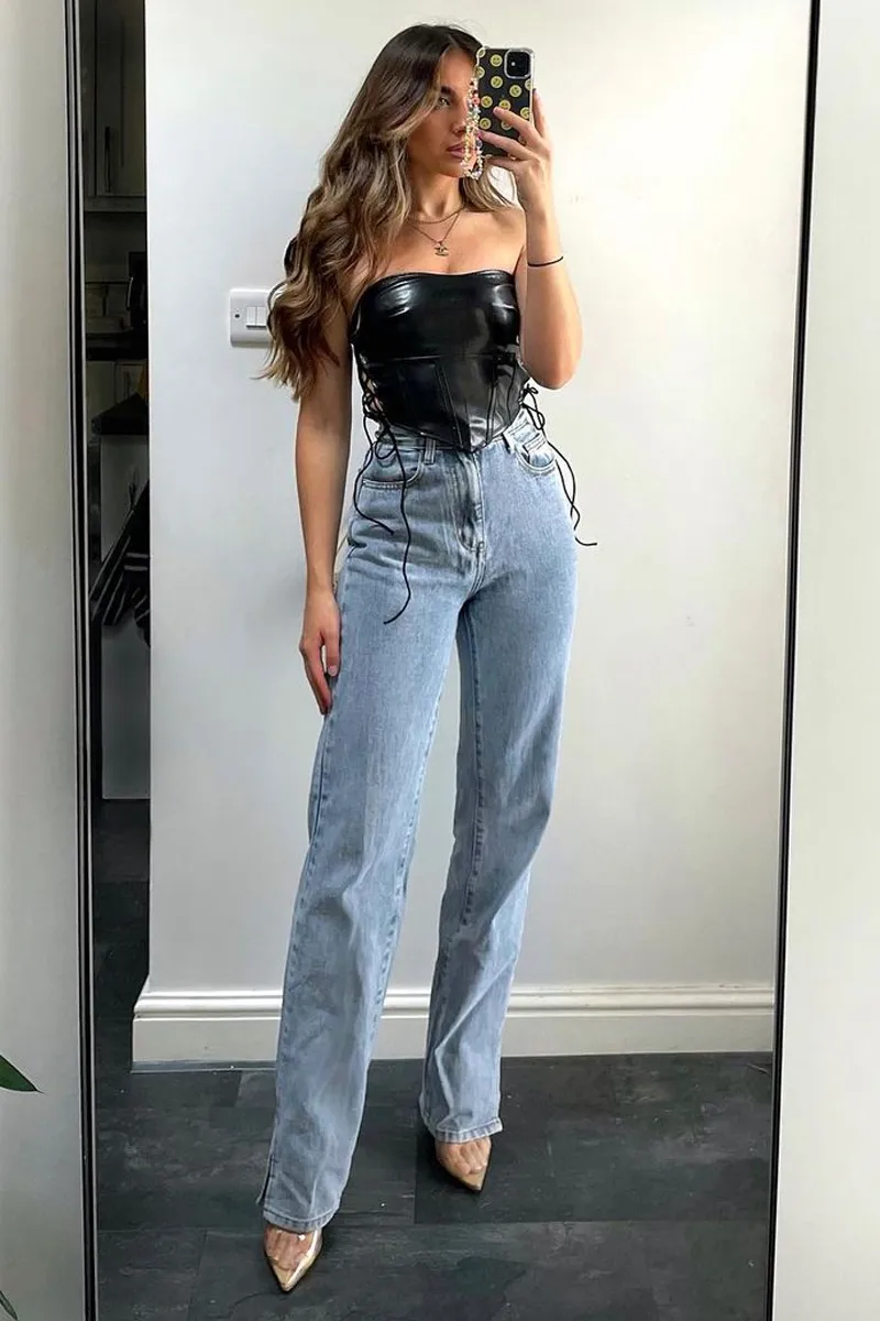 Black PU Leather Lace Up Corset Crop Top - Vian sold by Rebellious Fashion